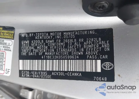 2005 Toyota Camry Le z USA, uszkodzony, nr VIN 4T1BE32K05U599634